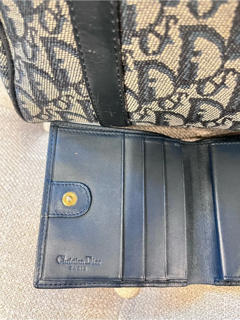 CHRISTIAN DIOR VINTAGE NAVY BLUE TROTTER CANVAS & MATCHING WALLET